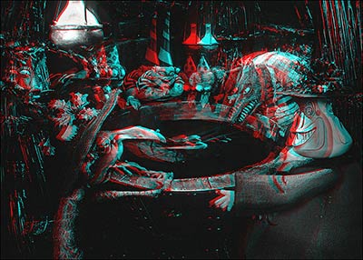 Monsters look inside a cauldron.