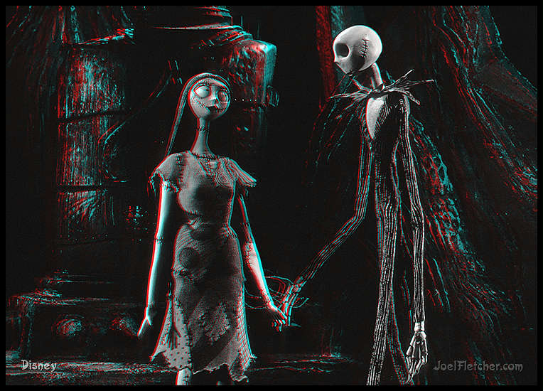 Jack Skellington and Sally hold hands.