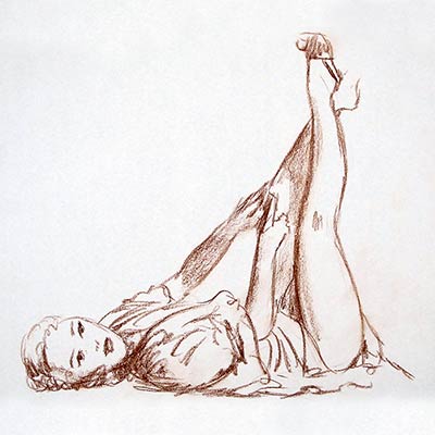 Drawing of a woman pulling on her stockings.