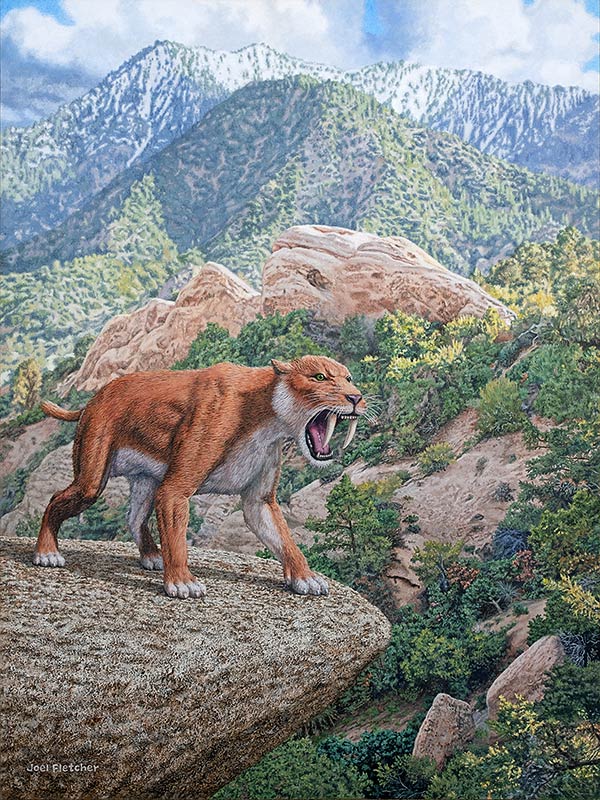 Painting of a roaring saber tooth tiger with mountain background.