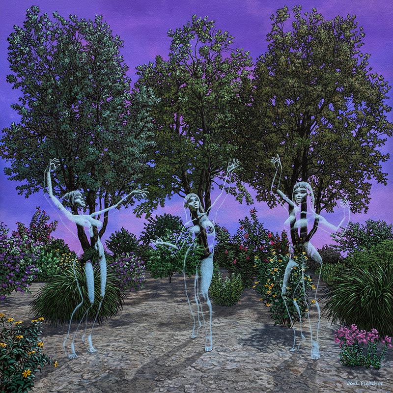 Mysterious dryads dancing in a wooded grove at dusk
