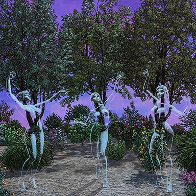 Mysterious dryads dancing in a wooded grove at dusk